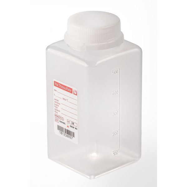 Aqua Laborservice Sterile wide-neck bottle with 10 mg sodium thiosulfate, 500 ml, PP, natural, square, tamper-evident closure, 120 pc/PAK