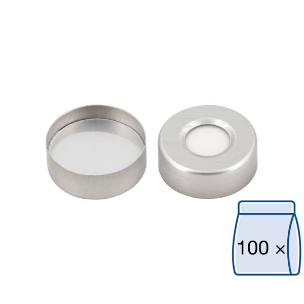 Macherey-Nagel ND20 Alu Bördelkappe, silber, Loch Silikon weiß / FEP-/Alufolie silber Härte: 45° shore A, Septendicke: 3mm, 100 St/Pkg