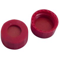 Product Image of 9 mm PP short thread cap, red, with hole, natural rubber red-orange/TEF transparent, 60° shore A, 1 mm, 1000 pc/PAK