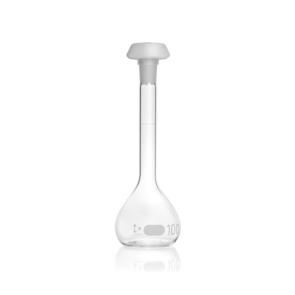 Duran Group Messkolben, klar, NS 14/23, 100 ml, weiße Skala, B, PE-Stopfen, 2 St/Pkg, mit Ringmarke