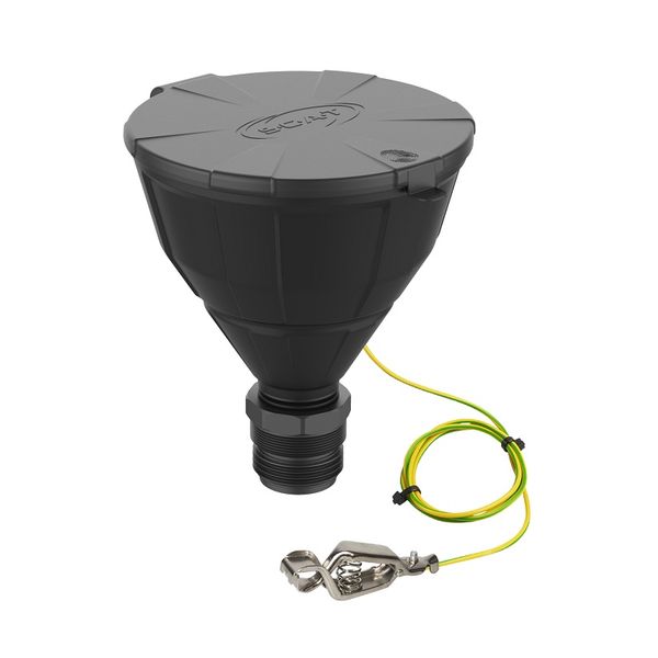 SCAT Kugeltrichter ''ARNOLD'' mit Deckel, V2.0, Doppelgewinde R2'' BSP/G2'' (m) + 2'' Tri-Sure (m ), HDPE elektr. ableitfähig