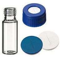 Product Image of Kombi-Set: 1.5ml Kurzgewindefläschchen, Klarglas und 9mm Dichtung: PP Kurzgewindekappe, blau, Zentrumsloch, Silikon weiß/PTFE blau, 55° shore A, 1,0mm, geschlitzt