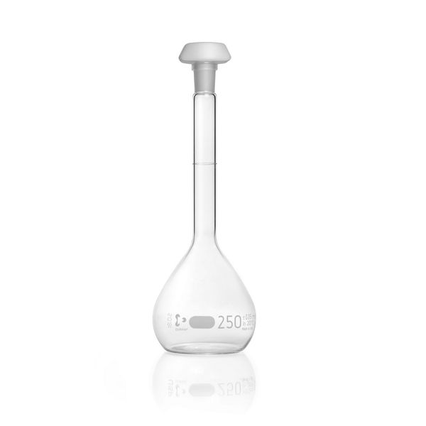 Duran Group Messkolben, klar, NS 24/23, 250 ml, blaue Skala, A, mit Chargenzertifikat, PE-Stopfen, 2 St/Pkg, mit Ringmarke