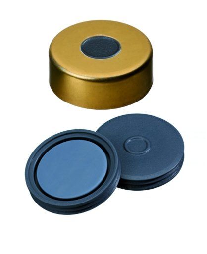 Altmann Analytik ND20 Magnetische Bördelkappe, Gold lackiert, 8mm Loch, dunkelblau-transp/natur, 38° Shore A, 3mm, 1000 St/Pkg