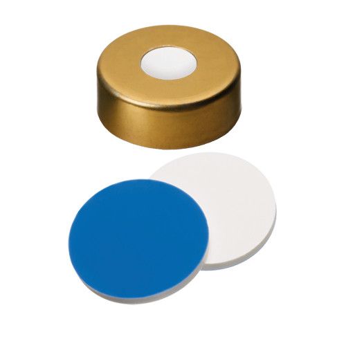 Altmann Analytik Bördelkappe, UltraClean ND20 magnetisch, gold, m. 8 mm Loch, Si weiß/PTFE blau, 1,5 mm, 10x100/PAK