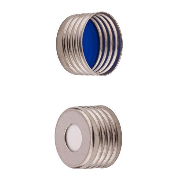 Microsolv Headspace Crimp Cap silver, steel, magnetic, 8mm center hole, with white Sil/blue PTFE Temperature Resistant Septa, for 18mm Crimp Top 
