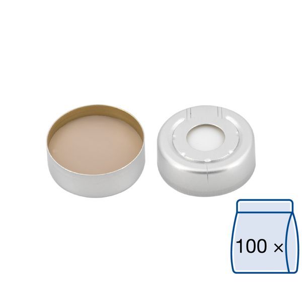 Macherey-Nagel ND20 Alu Überdruck-Sicherheitskappe, silber, Loch Silikon beige/PTFE grau Härte: 45° shore A, Septendicke: 3 mm, 100 St/Pkg