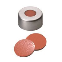 Product Image of Bördelkappe, ND11 Verschluss: Aluminium, farblos lackiert mit 5,5 mm Loch, Naturkautschuk rot-orange/Butyl rot/TEF transparent, 1000/PAK