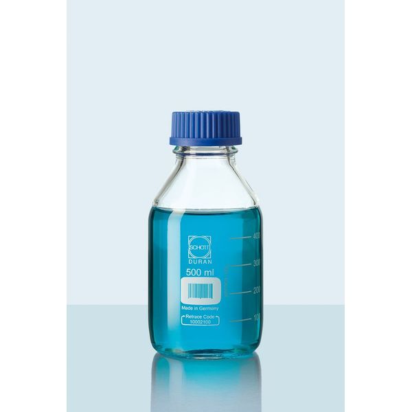 Duran Group Laborflasche/DURAN, 500 ml (Gewinde GL 45) mit Teilung, Ausgießring/PP (blau)+Kappe, 10 St/Pkg