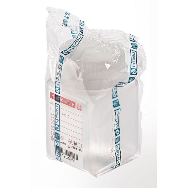 Aqua Laborservice Sterile wide-neck bottle with 2.5 mg sodium thiosulfate, 125 ml, PP, natural, square, tamper-evident closure, individually sterile 