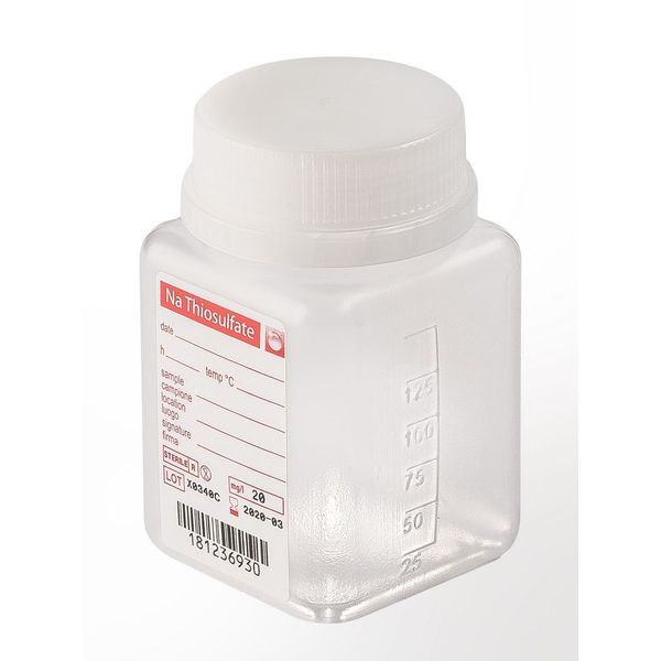 Aqua Laborservice Sterile Weithalsflasche mit 2,5 mg Natriumthiosulfat, 125 ml, PP, natur, quadratisch, Originalitätsverschluss, 350 St/Pkg