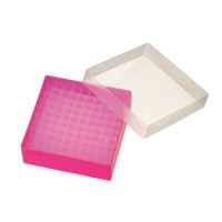 Product Image of PP Aufbewahrungsbox für 1,5/1,8/2ml Flaschen oder 2 ml Flachbodengläser, pink, mit Deckel, 136x136x45mm, 100 Kavitäten