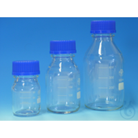Product Image of Gewindeflasche, Borosilikatglas 3.3, mit blauem Verschluss und blauem Ausgießring, mit Teilung 2000 ml