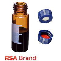 Product Image of Vial & Cap Kit incl. 100 2ml, Screw Top, Amber RSA™ Autosampler Vials with Write-On Patch/fill lines & 100 Blue Screw Caps with White Silicone Rubber/Red PTFE Pre-Slit Soft-Guard bonded Septa, RSA Brand Easy Purchase Pack