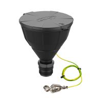 Product Image of ARNOLD drum funnel with ball valve and lid, ASTM 63, PE-HD electrically conductive, with splash guard, strainer, and grounding cable, 200 mm funnel