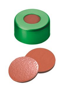 Altmann Analytik Bördelkappe, ND11 Verschluss: Aluminium, grün lackiert mit 5,5 mm Loch, Naturkautschuk rot-orange/Butyl rot/TEF transparent, 1,0 mm, 