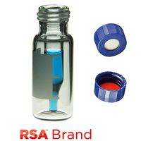 Product Image of Vial & Cap Kit incl. 100 300µl, Fused Insert, Screw Top, Clear Autosampler Vials with Write on Patch/fill lines & 100 Blue Screw Caps with White Silicone Rubber/Red PTFE Soft-Guard bonded Septa, RSA Brand Easy Purchase Pack