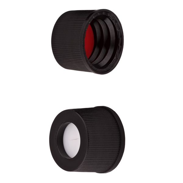 Microsolv Screw Cap black, 10 mm, with white Sil/red PTFE Preslit Bonded 40 mil Septa, 100 pc/PAK