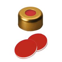 Product Image of Bördelkappe, ND11, magnetisch, gold lackiert mit 5 mm Loch, PTFE rot/Silikon weiß/PTFE rot, 1,0 mm, 1000/PAK