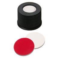 Product Image of Schraubkappe, 15 mm Verschluss: PP, schwarz, mit Loch, Gewinde 15-425, Silikon weiß/PTFE rot, 45° shore A, 1,3 mm, 10x100/PAK