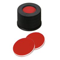 Product Image of Schraubkappe, ND13 Verschluss: PP, schwarz mit 8,5 mm Loch, PTFE rot/Silikon weiß/PTFE rot, 1,0 mm, 10x100/PAK