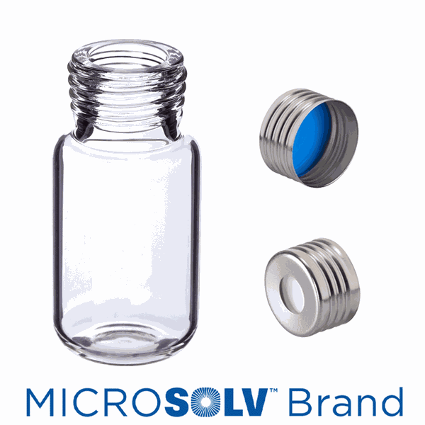 Microsolv Vial & Cap Kit: 10 ml, screw top, Clear Headspace autosampler vials + screw caps with White Silicone Rubber / Blue PTFE SPME Style Septa, 