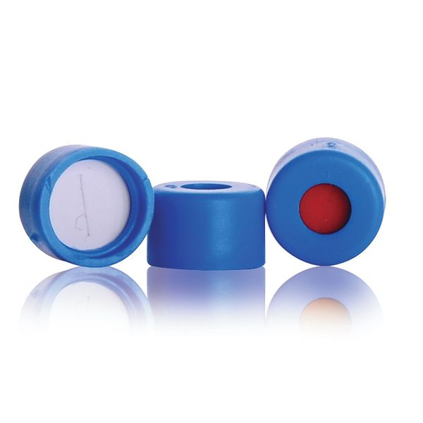 DWK Wheaton 1,2 ml runde Einsätze, klar, blaue Schnappkappen mit vorgeschnittenen FEP/Silikon-Septen, 8 mm, Boro, 100 St/Pkg