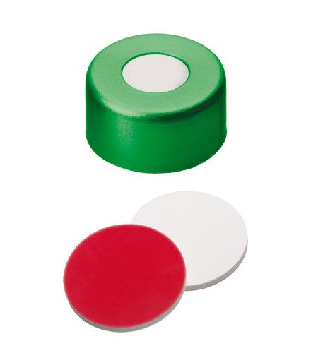 Altmann Analytik Bördelkappe, ND11 Verschluss: Aluminium, grün lackiert mit 5,5 mm Loch, Silikon weiß/PTFE rot UltraClean, 1,3 mm, 10x100/PAK