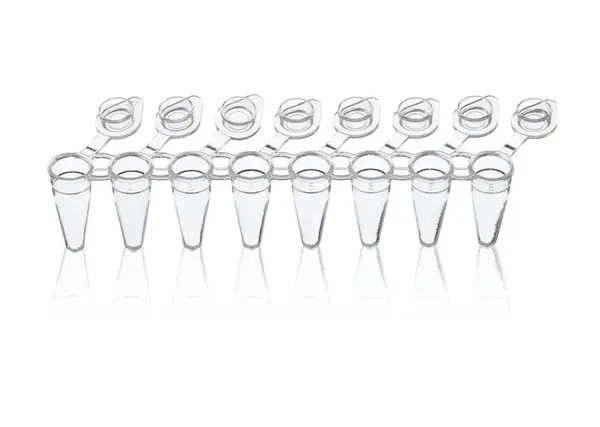 Brand GmbH & Co. KG PCR-Gefäß, PP, mit 3 Stegen, 8er, transparent, 0,15 ml, anhängendem Deckel, Low Profile, qPCR, BIO-CERT PCR QUALITY, 120 St/Pkg