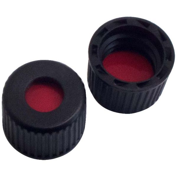 Altmann Analytik 8mm PP Screw Cap, black, centre hole, 8-425, PTFE red/Silicone white/PTFE red, 45° shore A, 1.0mm, 10x100/PAK