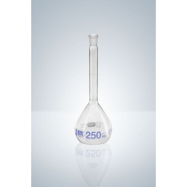 Hirschmann Messkolben, klar, NS 14/23, 200 ml, blau graduiert, A, CZ, ohne stopper, mit Ringm., Glas-Stopper, 2 St/Pkg