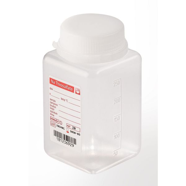 Aqua Laborservice Sterile wide-neck bottle with 5 mg sodium thiosulfate, 250 ml, PP, natural, square, tamper-evident closure, 216 pc/PAK