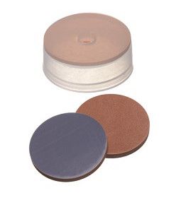 Altmann Analytik 22mm Combination Seal: PE-Cap, transparent, with centre hole, cap height 8.4mm, Butyl red/PTFE grey, 55° shore A, 1.3mm , 10 x 100 pc