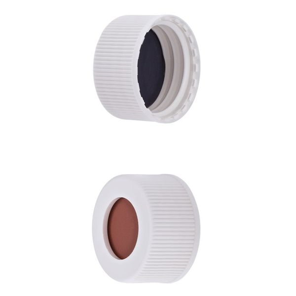Microsolv Screw Cap white, knurled PP, with red Butyl Rubber/grey PTFE Septa, for 24-400mm threaded EPA Style vials, ND24 threads, 100 pc/PAK