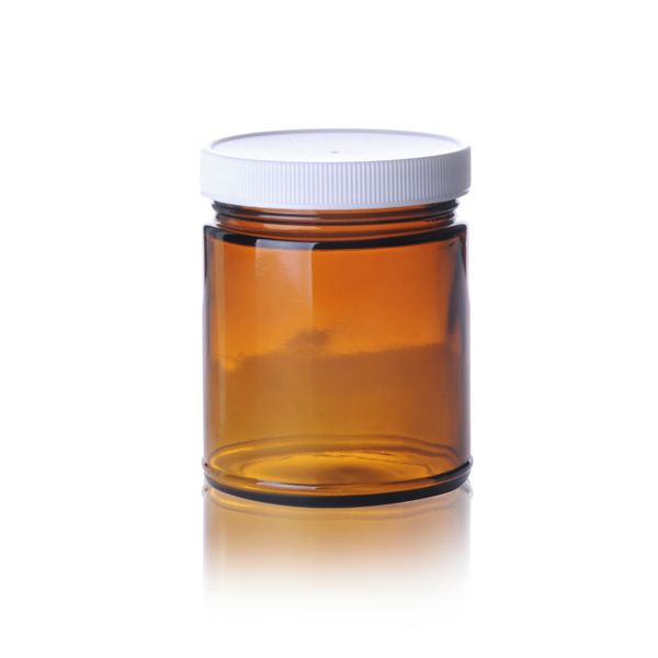 DWK Wheaton 250 ml bottle, amber glass, straight-walled, white PP cap with PE seal, 12 pc/PAK