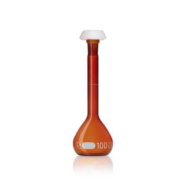 Duran Group Messkolben, braun, NS 14/23, 100 ml, weiße Skala, A, mit Chargenzertifikat, PE-Stopfen, 2 St/Pkg, mit Ringmarke