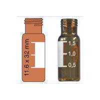 Product Image of 1,5 mL Gewindeflasche N 9 AD: 11,6 mm, Höhe: 32 mm braun, flacher Boden, weite Öffnung, silanisiert, Packung à 100 Stück