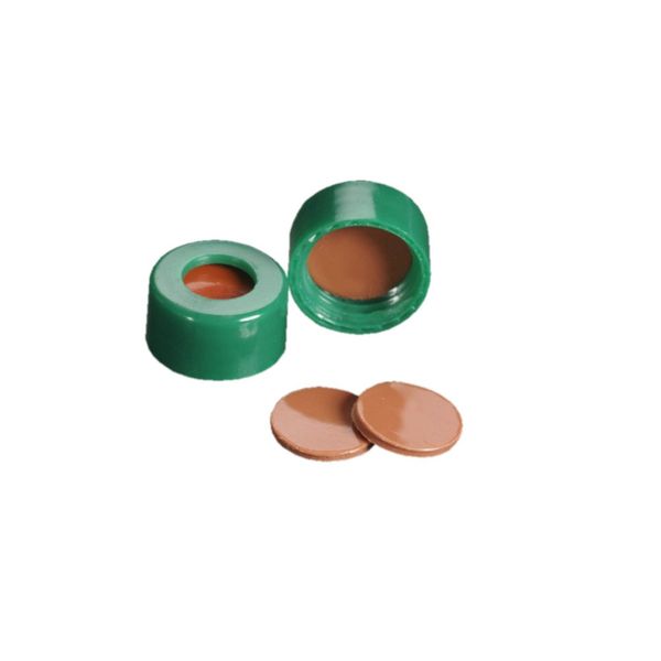 DWK Wheaton 9 mm Schraubkappe, grün, mit FEP/Naturkautschuk–Septum, Schraubgewinde, EVA, 100 St/Pkg