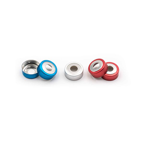 Altmann Analytik 20 mm Magnetische Bimetall-Kappe, blau/silber, 8 mm Loch, Septum Butyl grau/ PTFE grau, 50° shore A, 3 mm, 10 x 100 St/Pkg