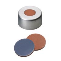 Product Image of Bördelkappe, ND11 Verschluss: Aluminium, farblos lackiert mit 5,5 mm Loch, Butyl rot/PTFE grau, 1,3 mm, 10x100/PAK
