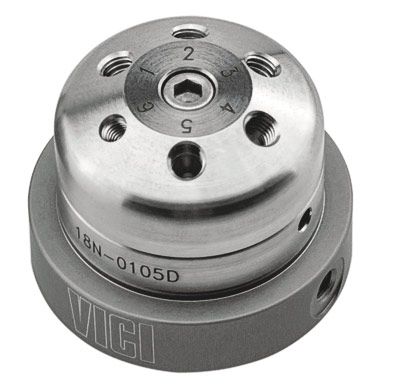 Vici Valco Mini Diaphragma 10 Port 2 Pos Valve, 1/16'' Fitting, 0,4 mm Port, 175°C / 300psi, für Gas, N60/Polyimid