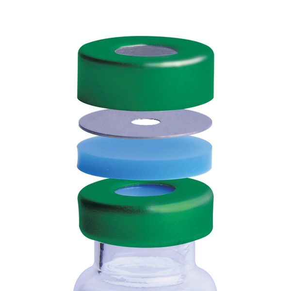 DWK Wheaton 20 mm, flared cap, AlumiTin, septa PTFE light brown/silicone white for HS500, 100 pc/PAK