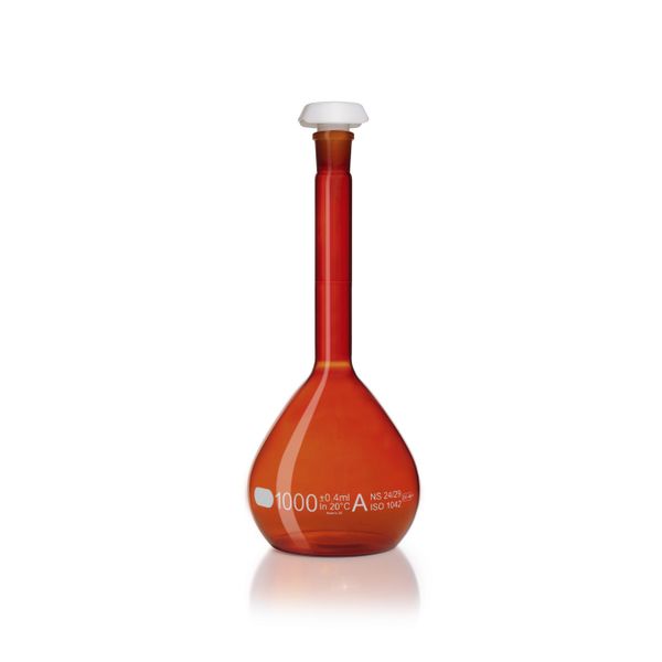 Duran Group Messkolben, braun, NS 24/29, 1000 ml, weiße Skala, A, mit Chargenzertifikat, PE-Stopfen, 2 St/Pkg, mit Ringmarke