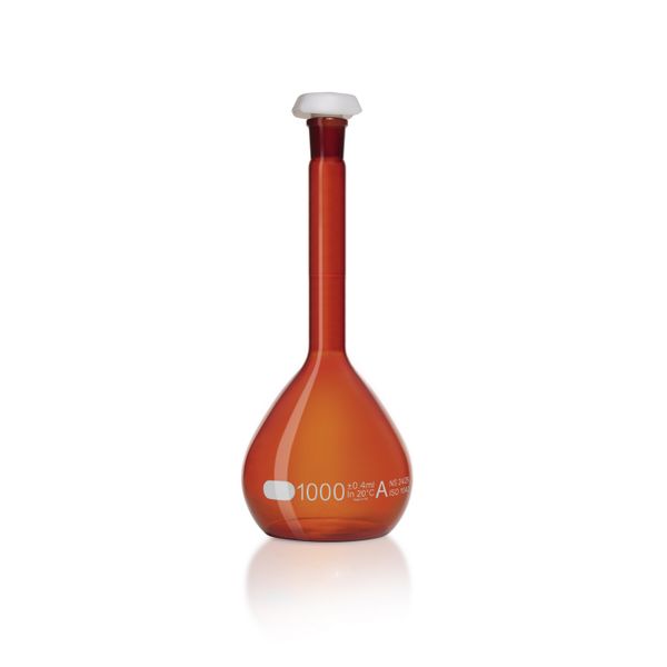 Duran Group Volumetric flask, brown, SJ 24/29, 1000 ml, white graduation, A, IC, PE stopper, 2 pc/PAK