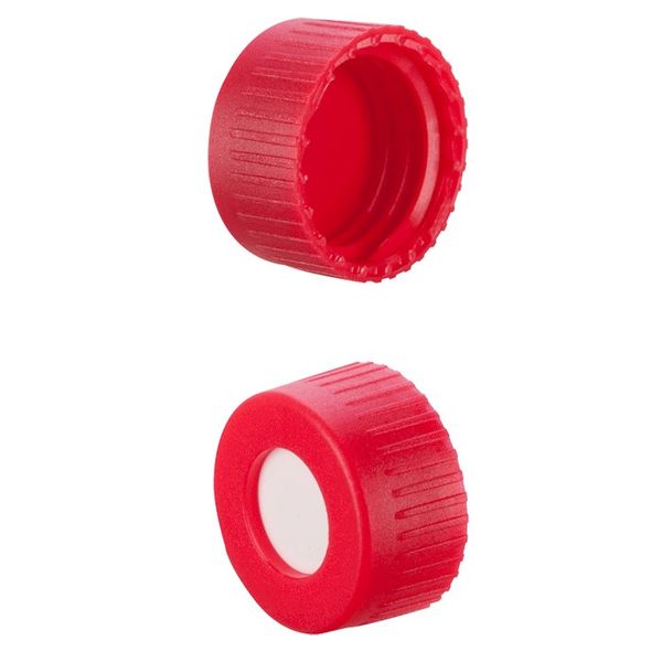 Microsolv Screw Cap red, knurled PP, Sil/PTFE low durometer Septa, bonded, for 9-425mm thread, 12x32mm autosampler vials, 1000 pc/PAK.