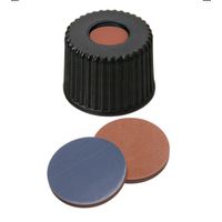 Product Image of Schraubkappe, ND8 Butyl rot/PTFE grau Verschluss (PP), schwarz, 5,5 mm Loch, 8-425 Gewinde, 55° shore A, 1,3 mm, 10x100/PAK