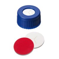 Product Image of Schraubkappe, PP Kurzgewindeschraubkappe blau, 6 mm Loch, Silikon weiß/PTFE rot, angeschlitzt, 10x100/PAK