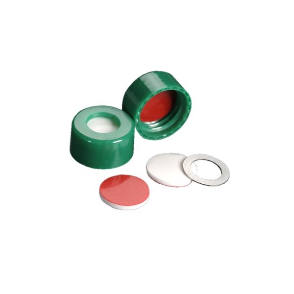 DWK Wheaton 9 mm Kappe, grün, ScrewTin mit Metall-O-Ring, mit PTFE/Silikon-Septum, Schraubgewinde, EVA, 100 St/Pkg