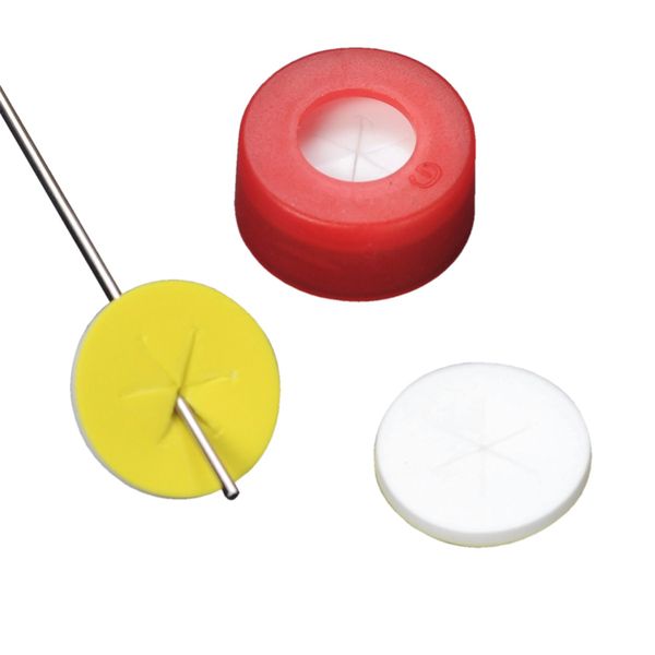 DWK Wheaton 11 mm snap cap, red, with PTFE/silicone septum with star-shaped perforation, EVA, 100 pc/PAK