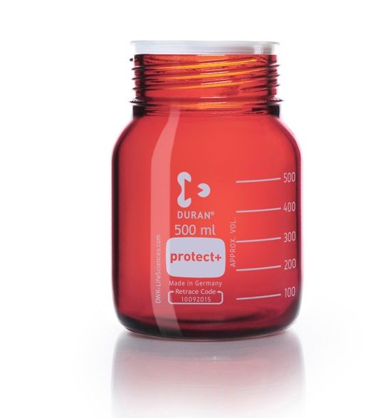 Duran Group DURAN Laborglasflasche GLS 80, braun, protect+ kunststoffummantelt (PA12), mit Staubschutzkappe, 500 ml, 10 St/Pkg